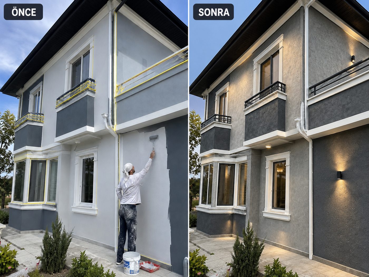 Bayraklı dış cephe boya öncesi ve sonrası