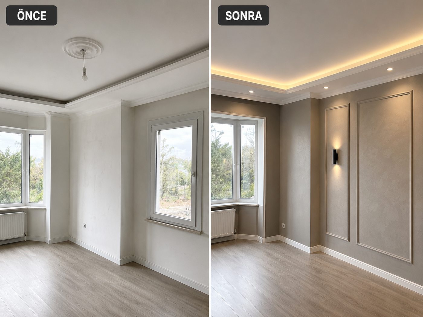 Bayraklı iç cephe boya öncesi ve sonrası